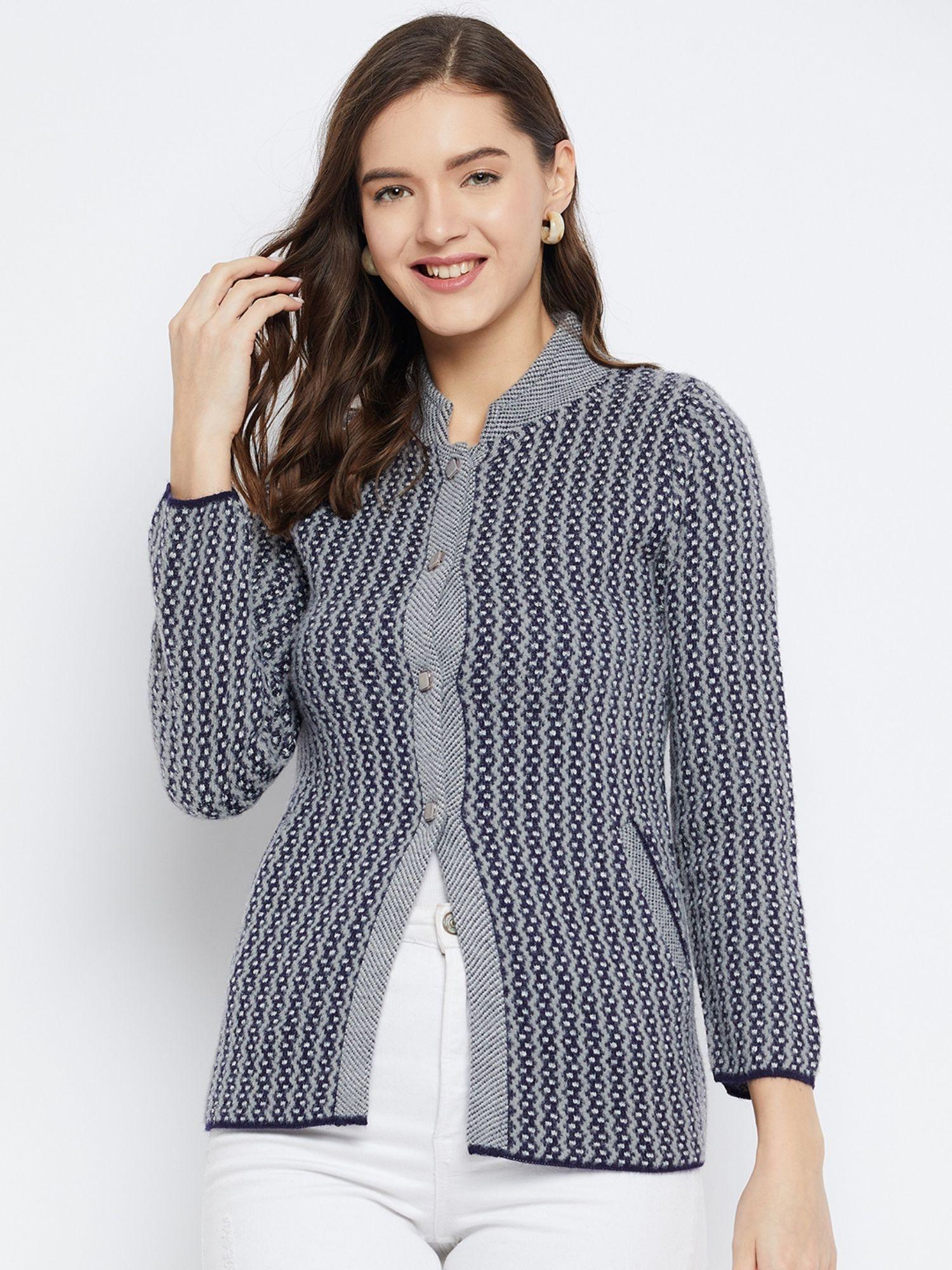 women winterwear striper grey navy woollen cardigan