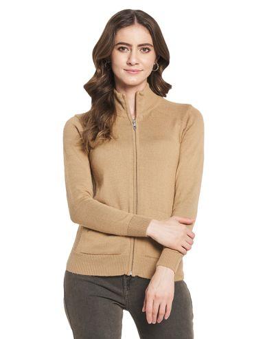 women wool blend brown solid high neck cardigan