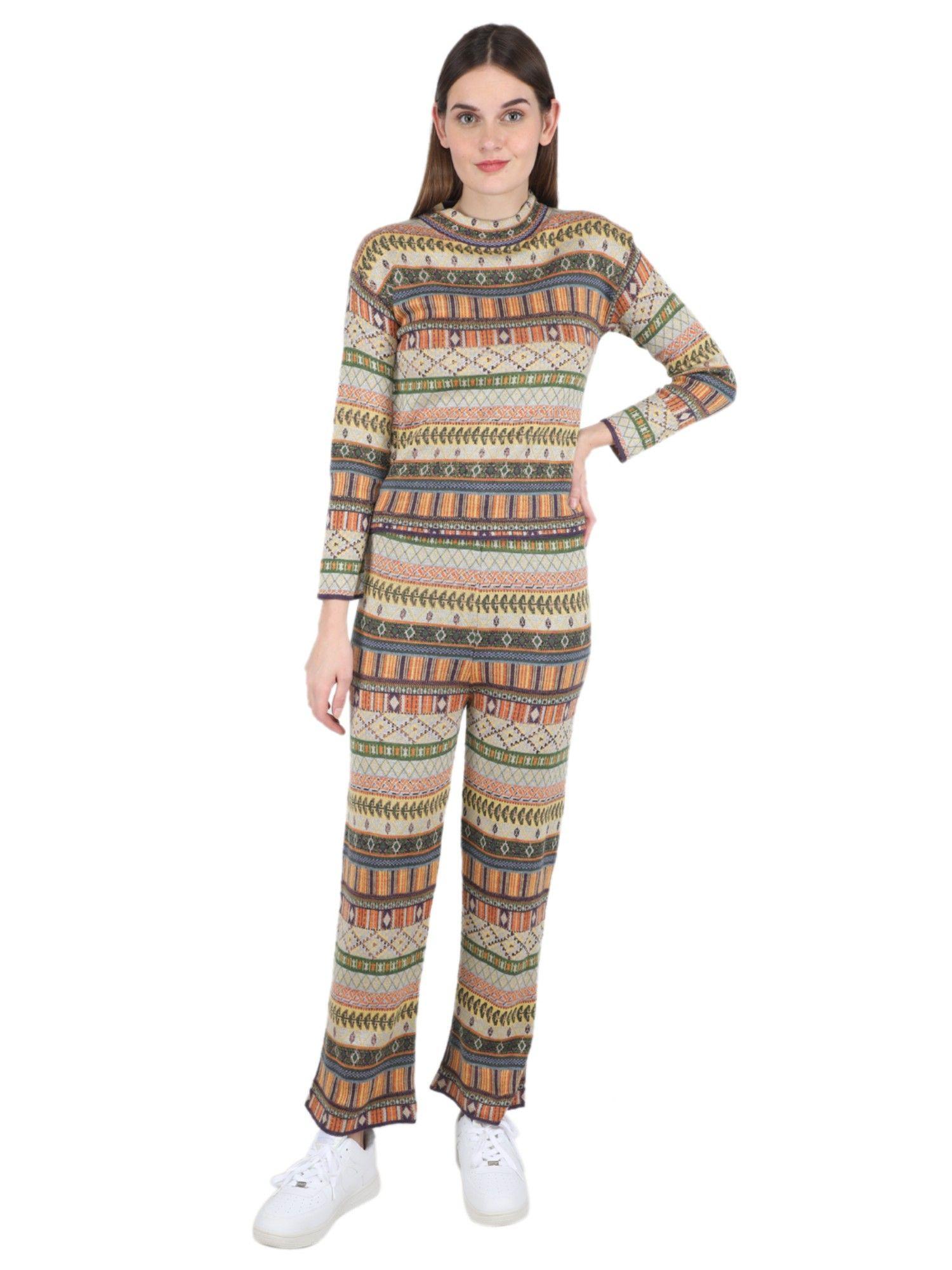 women wool multi-color self design round neck co-ord (set of 2)
