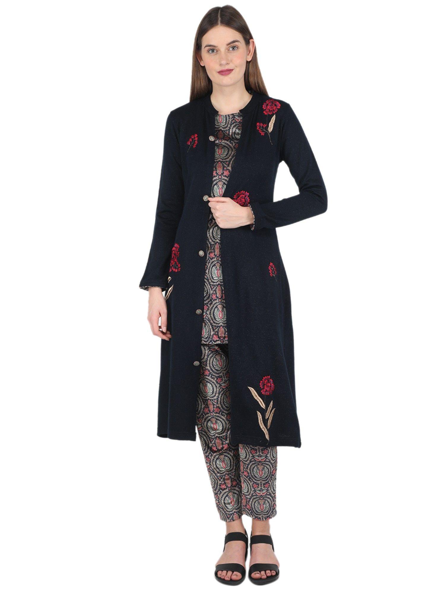 women wool navy blue embroidered round neck co-ord (set of 3)