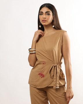 women wrap top with embroidery