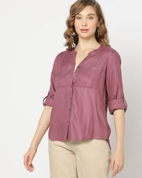 women y-notch shirt with patch pockets