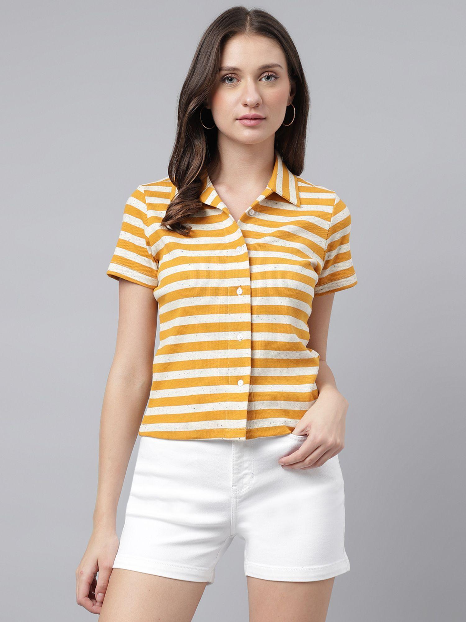women yellow & white striped cotton shirt