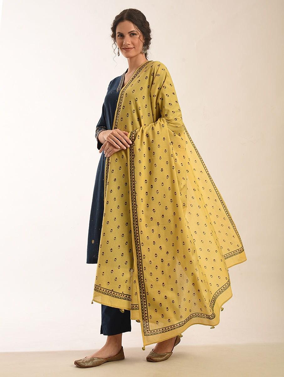 women yellow cotton block print dupatta