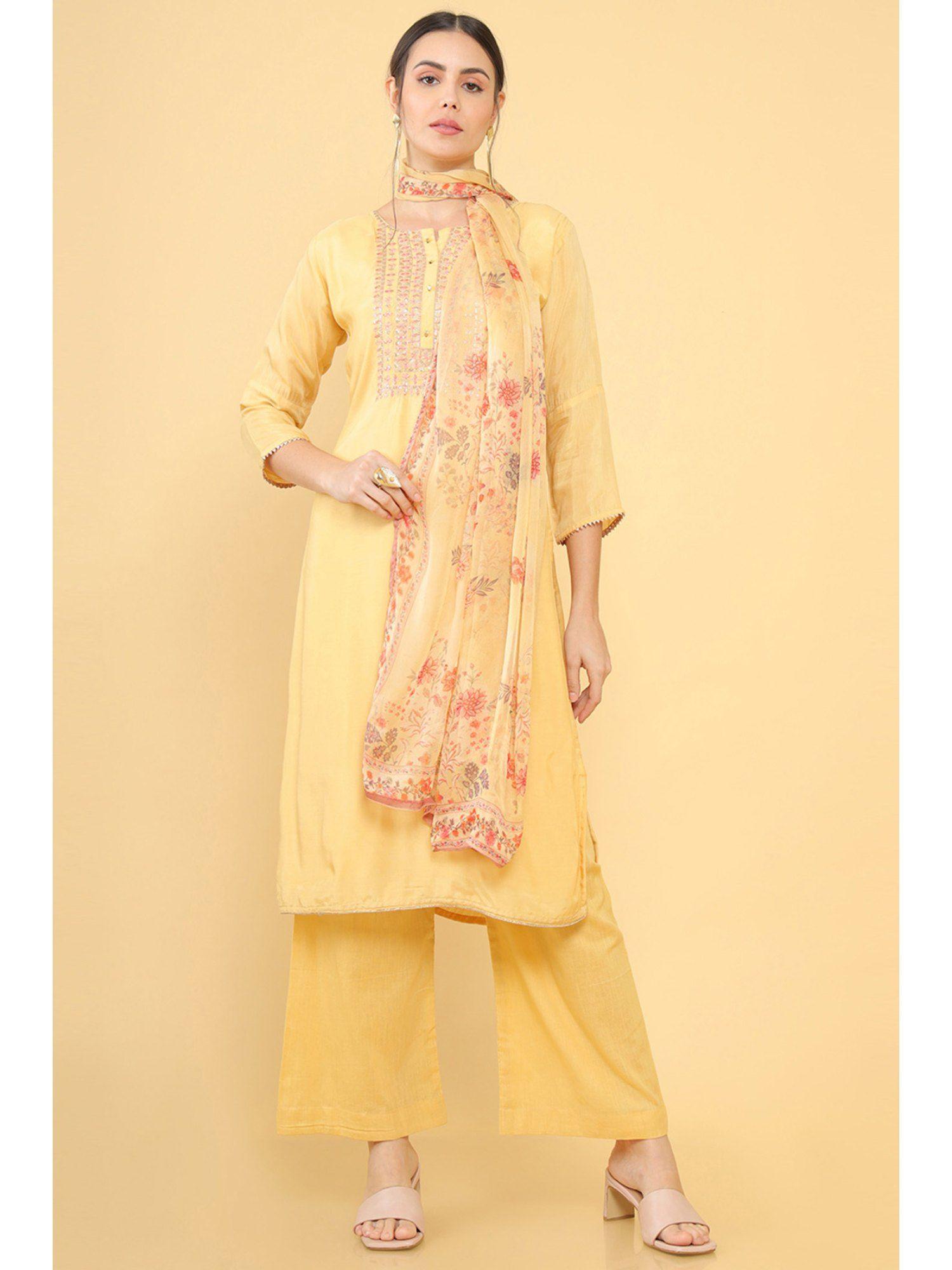 women yellow cotton embroidered dress material (set of 3)