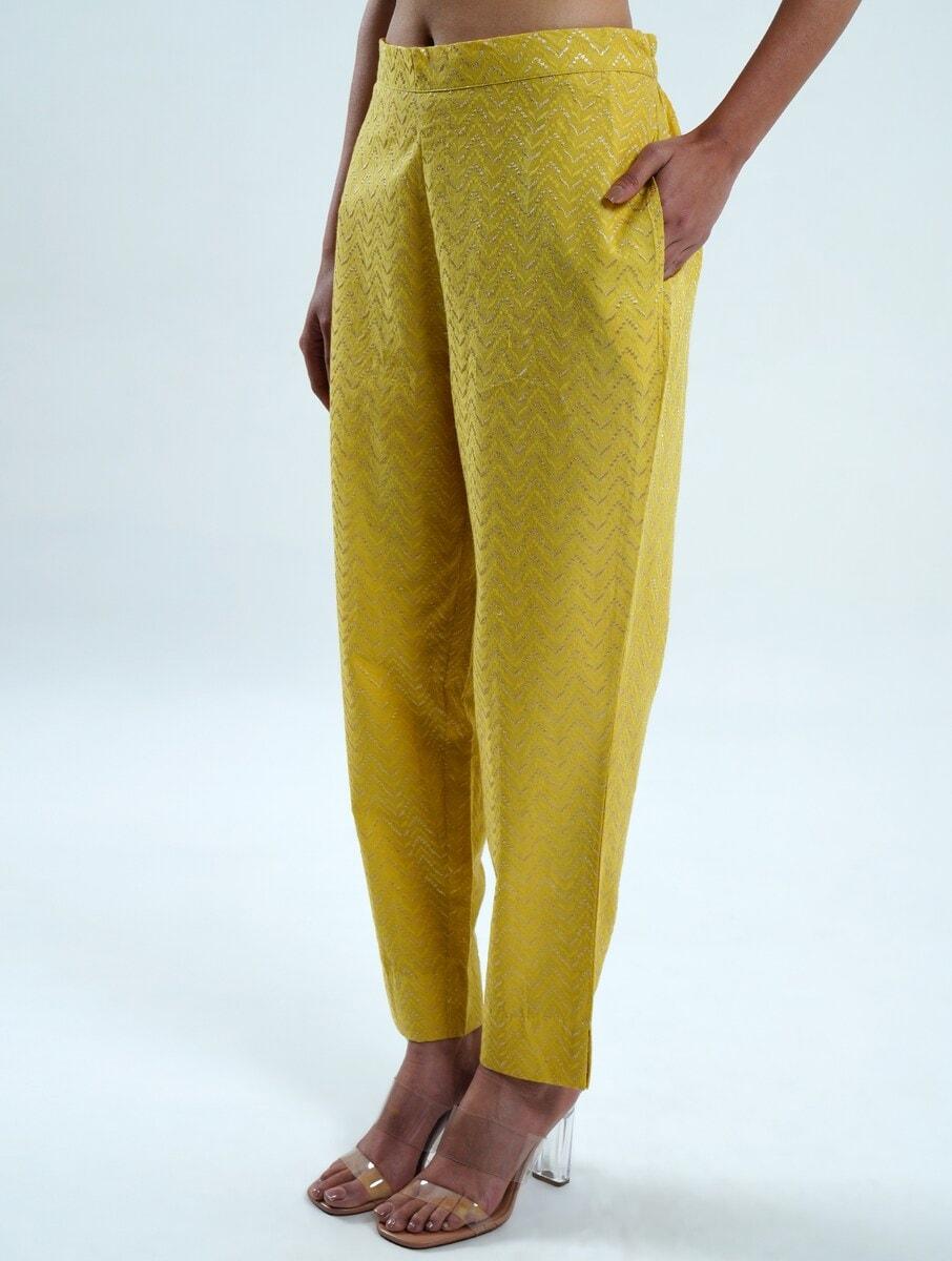 women yellow cotton solid regular regular fit pants