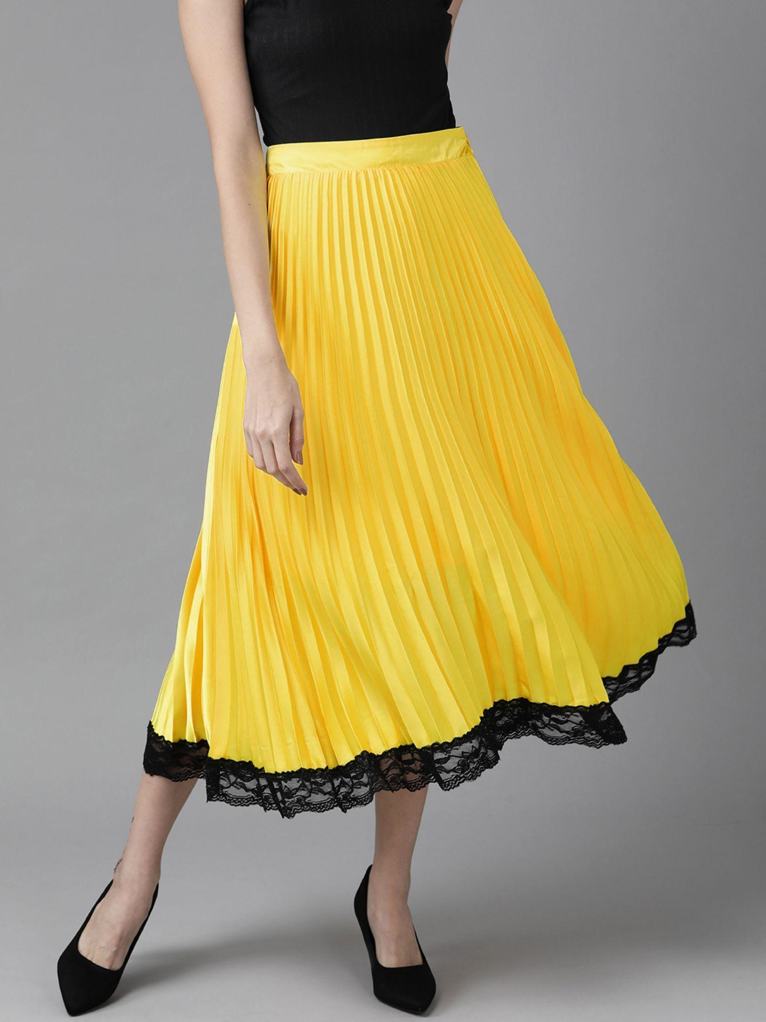 women yellow satin lace insert accordion pleated skirt