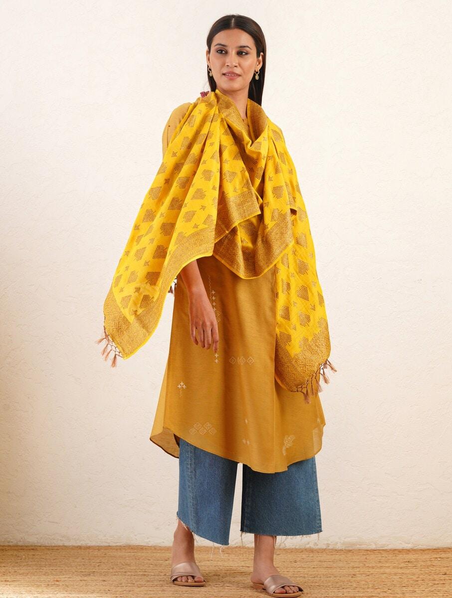 women yellow silk hand woven dupatta
