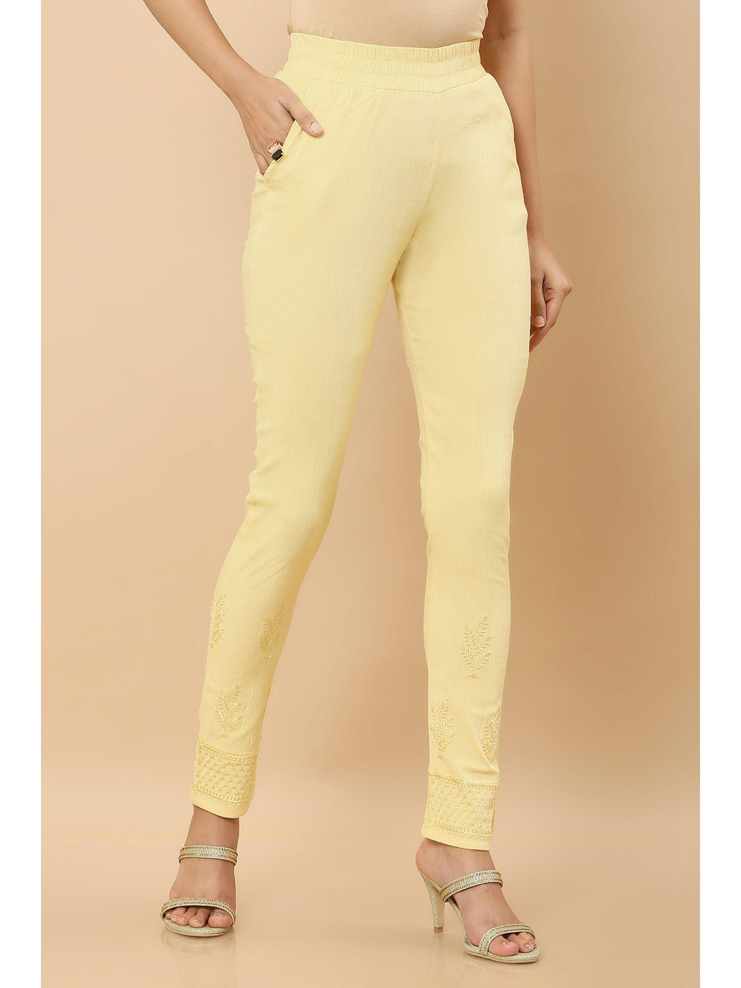 women yellow viscose solid pant