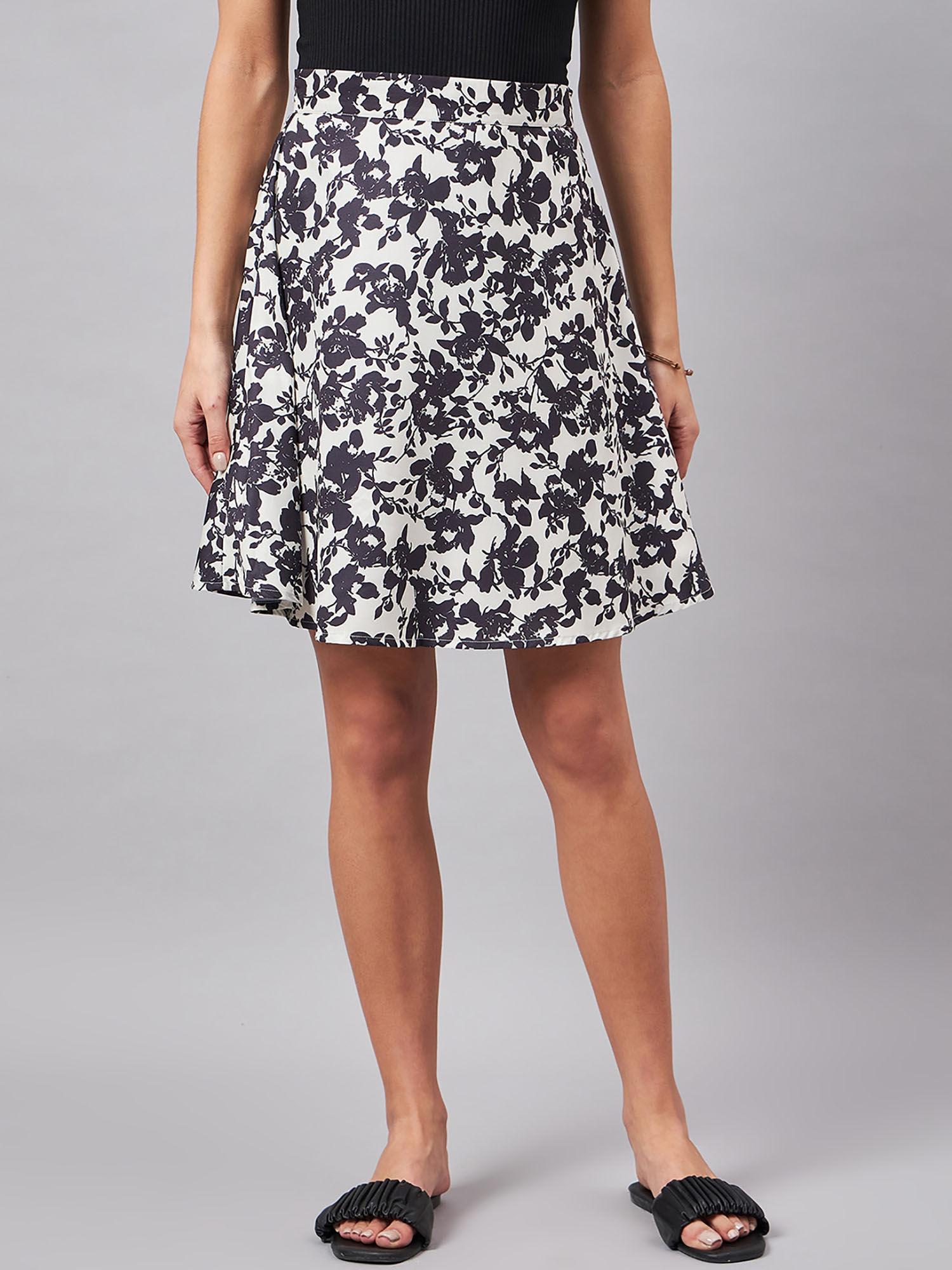 women`s black and off white floral printed polyester mini skirt