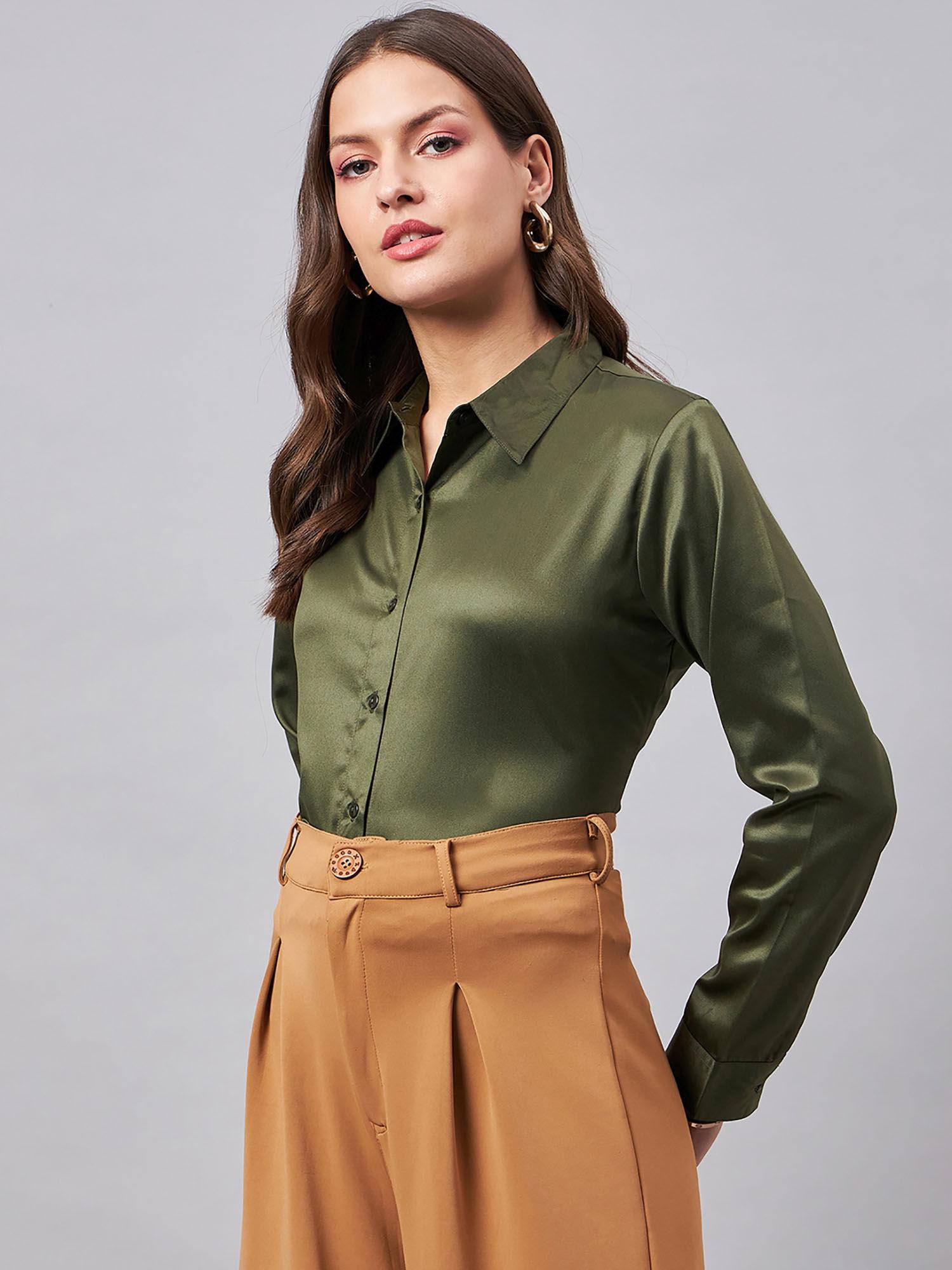 women`s olive satin regular formal shirt