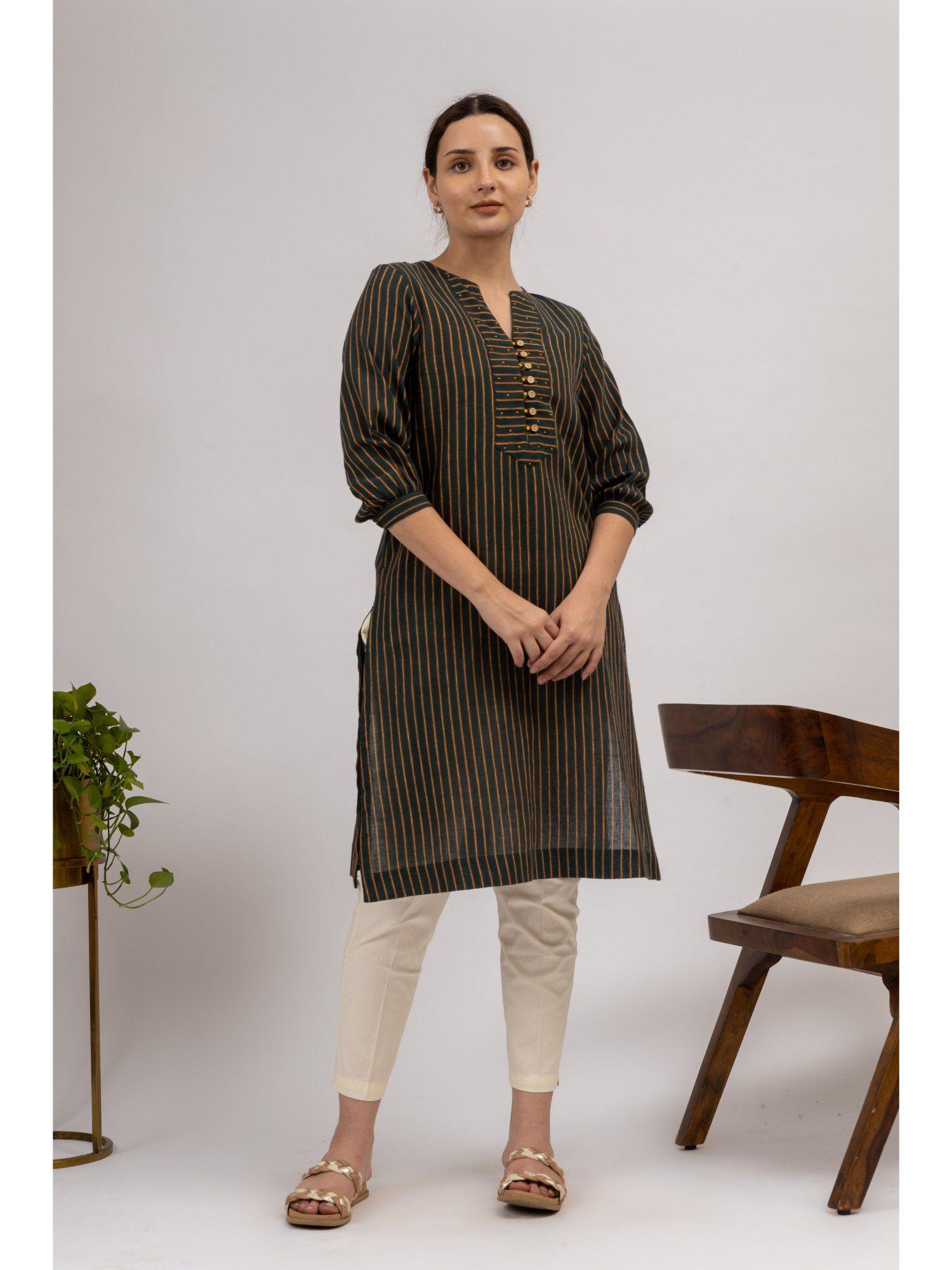 women`s serena cotton stripes green kurta