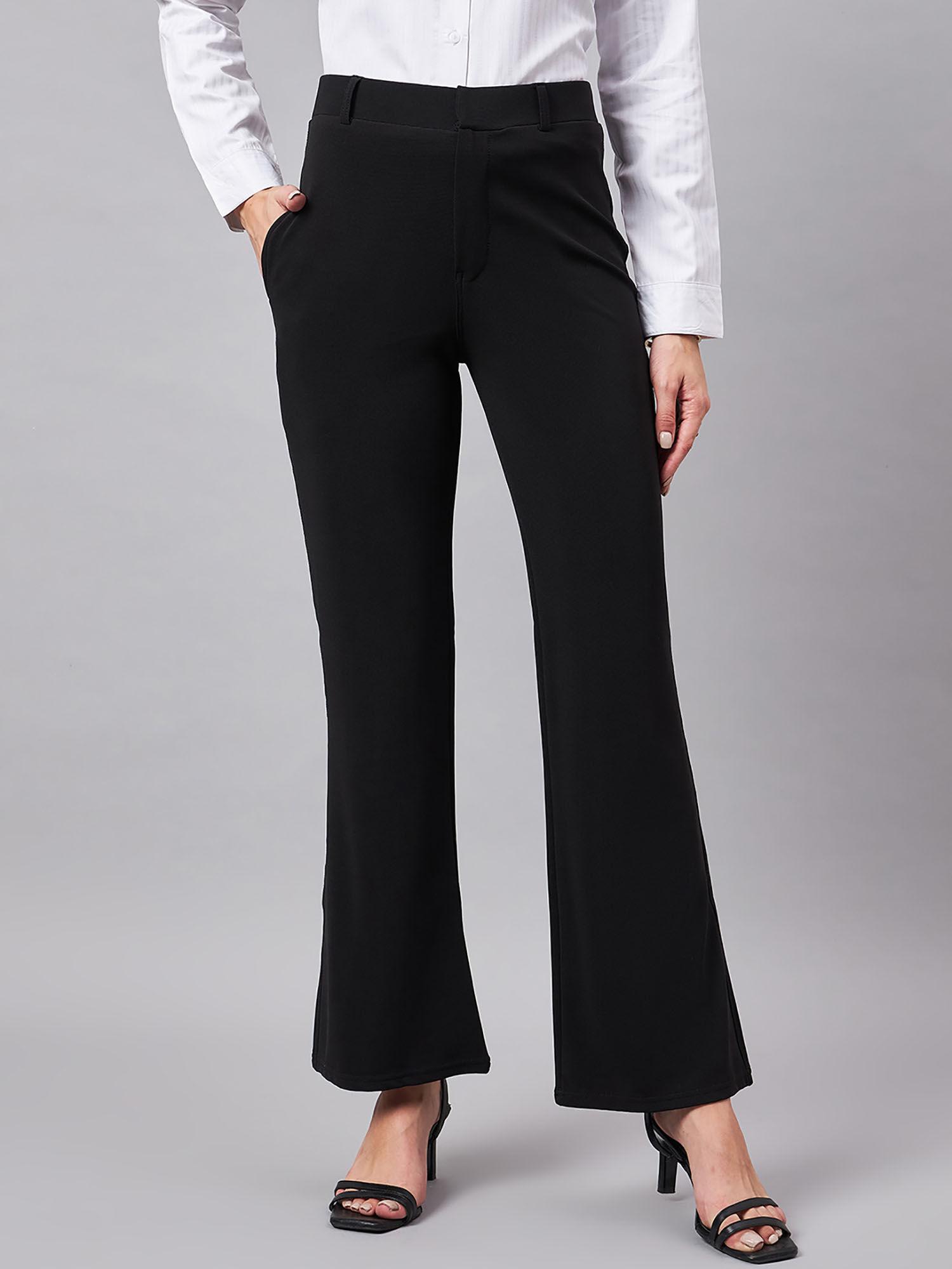 women`s solid black self design polyester formal trouser