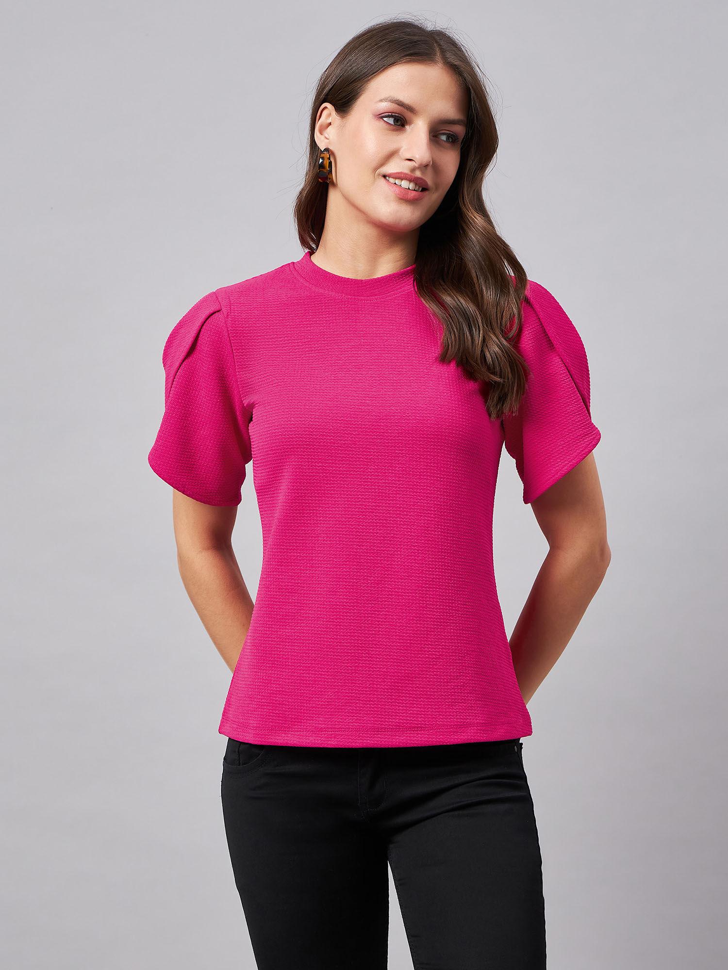 women`s solid fuchsia pink poly knit smart casual regular top