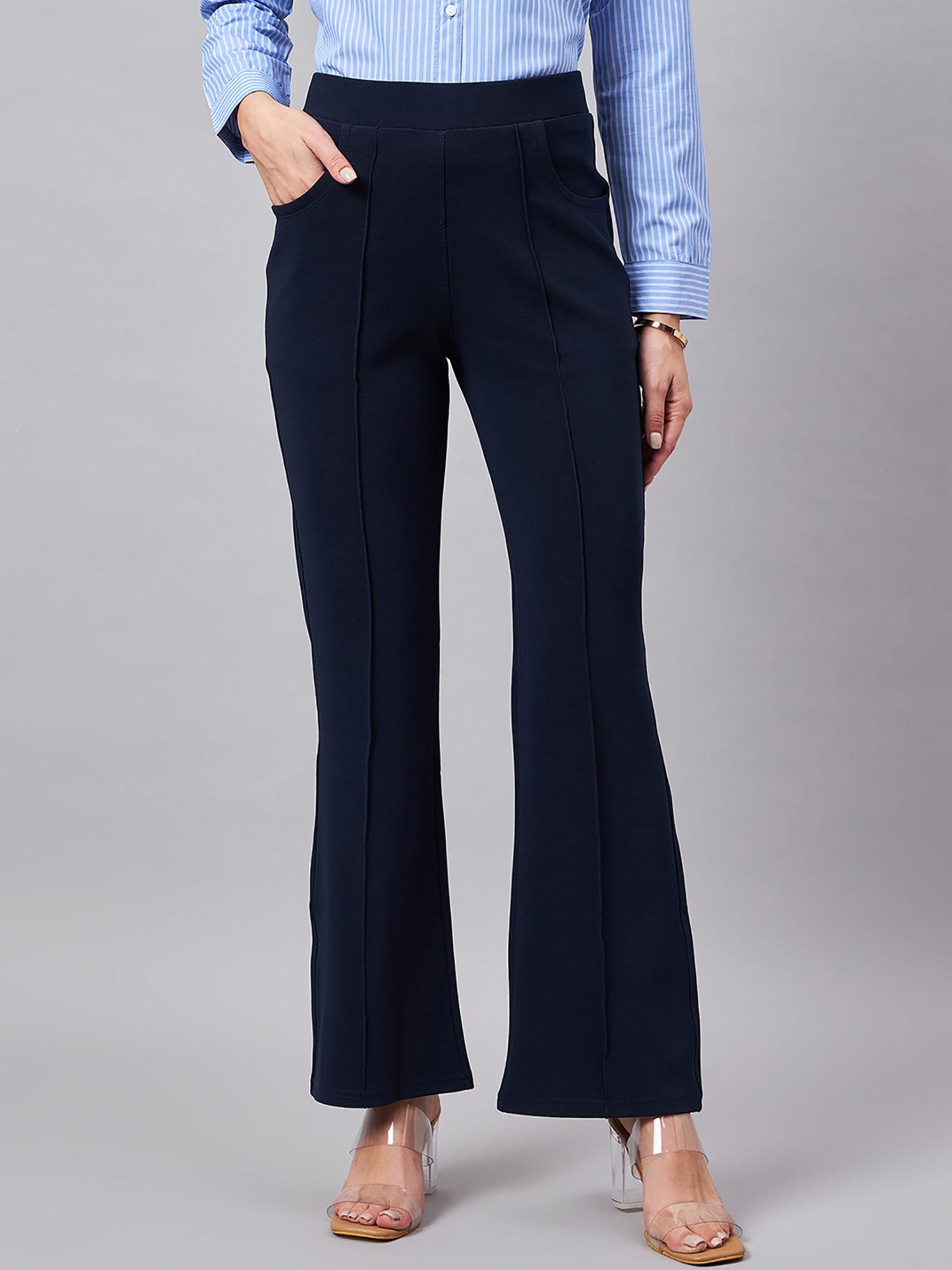 women`s solid navy self design polyester formal trouser