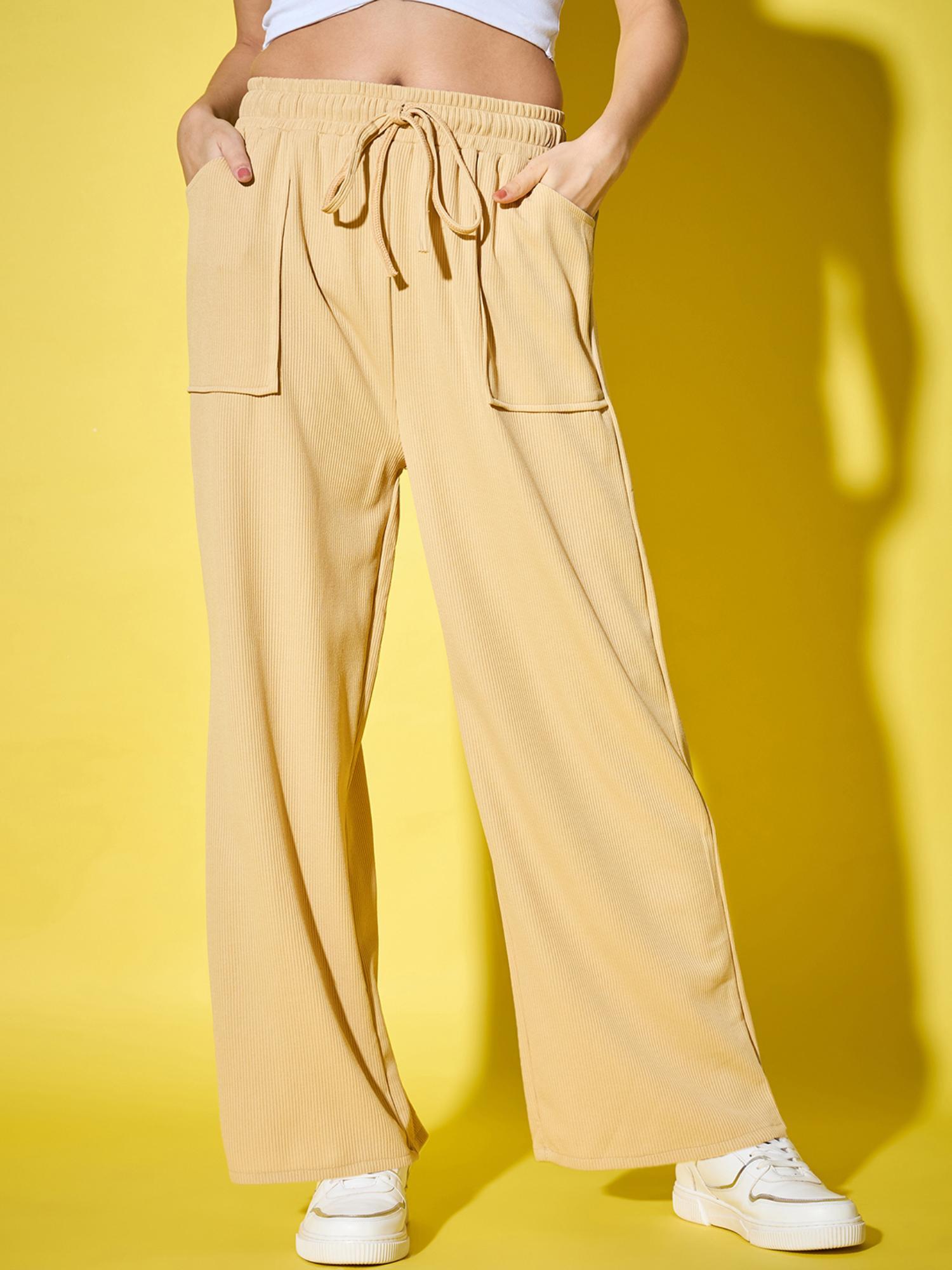 women’s beige solid wide pant