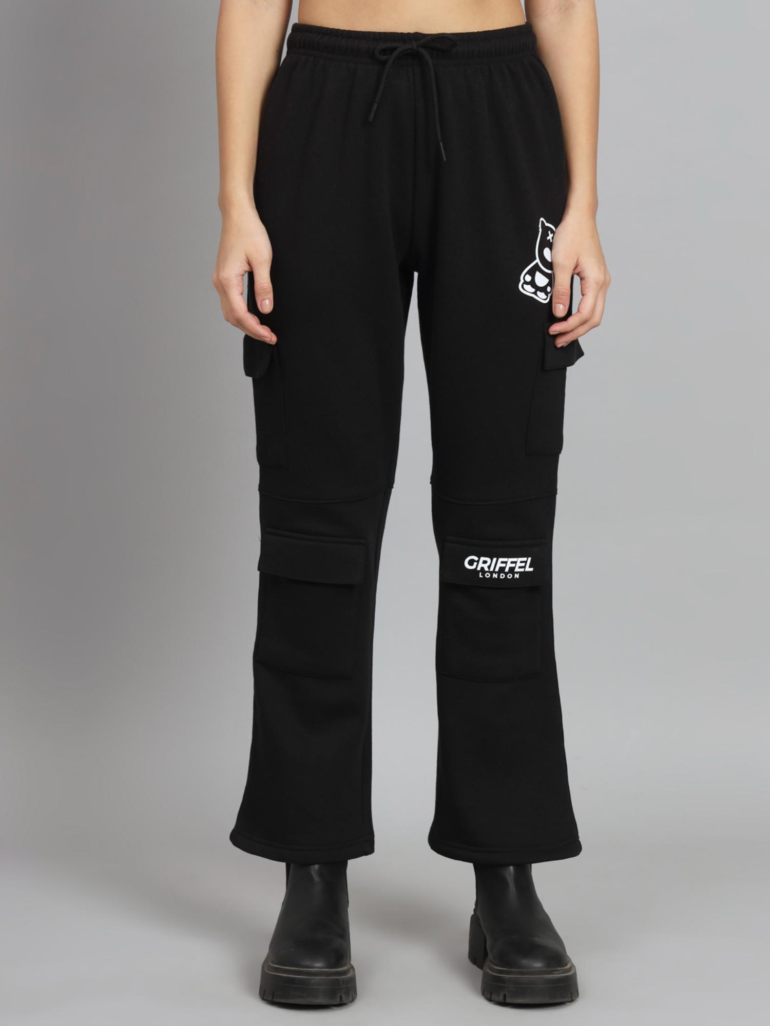 women’s front teddy logo 6 pocket black trackpants