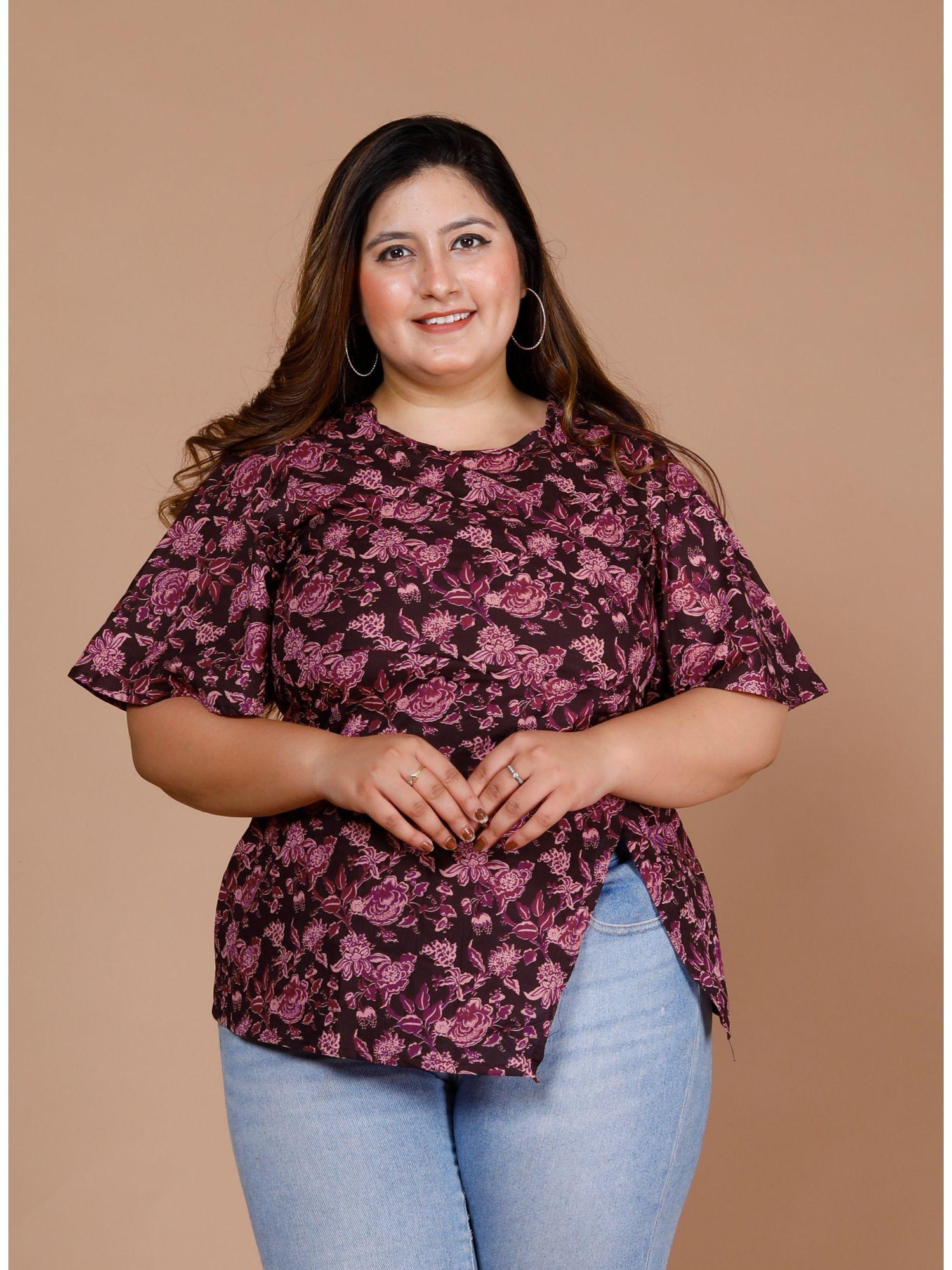 women' plus size maroon floral printed pure cotton top