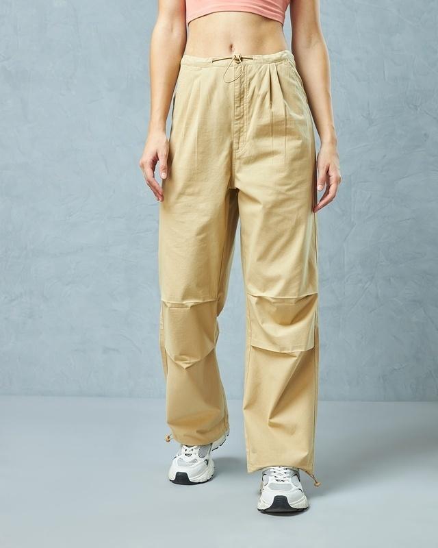 women's beige oversized parachute pants