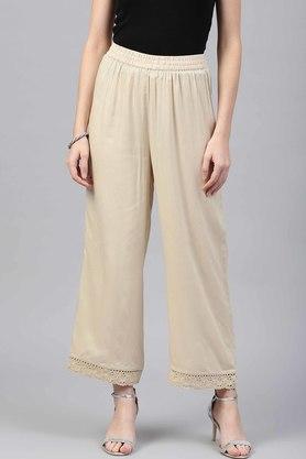 women's beige rayon solid wide-leg palazzo with lace detailing - natural