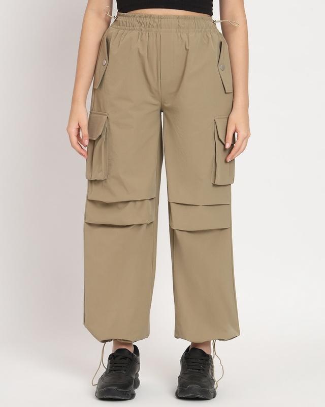 women's beige tapered fit cargo parachute pants