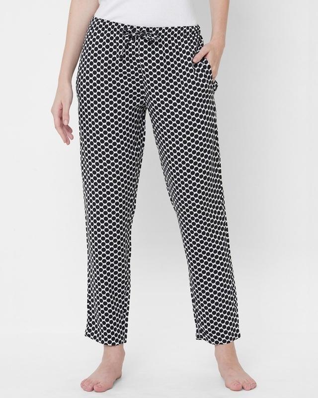 women's black & white all over polka printed lounge pants