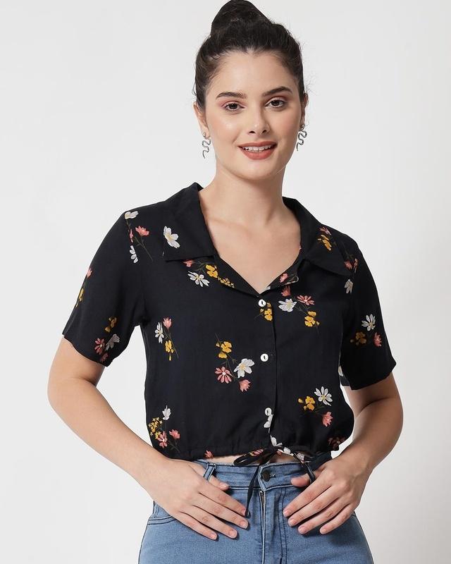 women's black all over floral printed short top