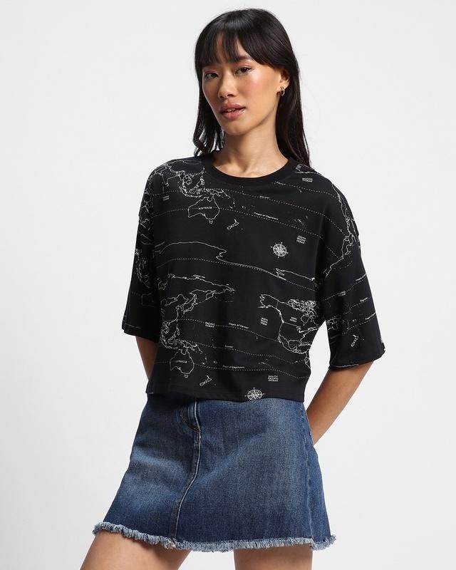 women's black all over printed oversized top