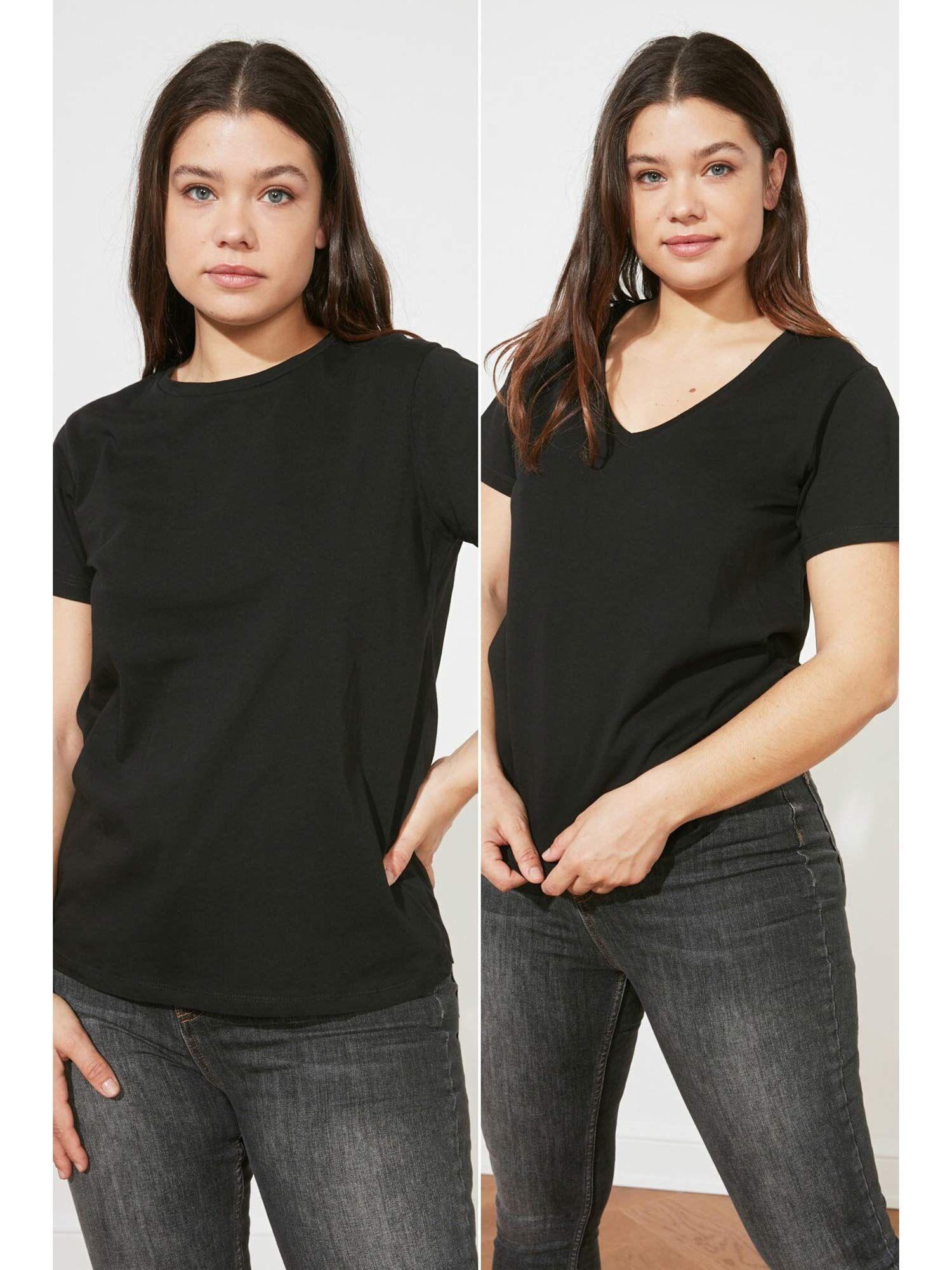 women's black solid/plain pattern t-shirts