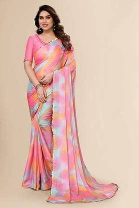 women's block and printed and embellished bollywood sari with blouse piece - pink