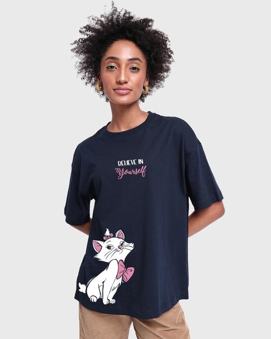 women's blue believe cat graphic printed oversized t-shirt