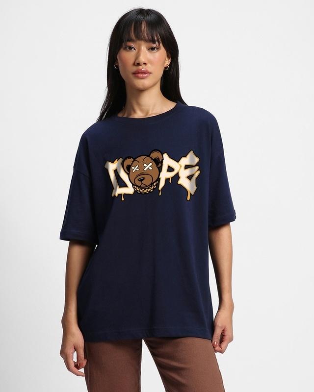 women's blue dope bear graphic printed oversized t-shirt