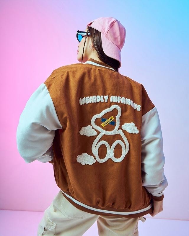 women's brown & white wierldy in famous graphic printed oversized plus size jacket