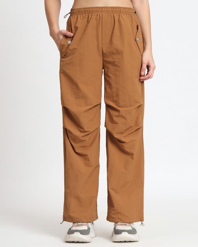 women's brown tapered fit parachute pants