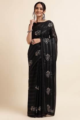 women's chiffon embellished and embroidered bollywood sari with blouse piece - black