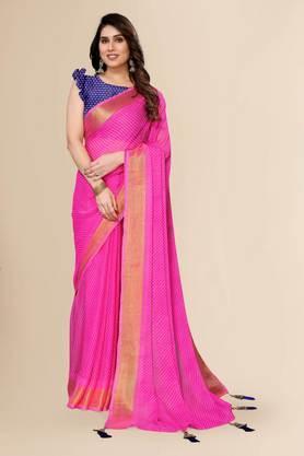 women's chiffon printed and embellished leheria sari with blouse piece - pink