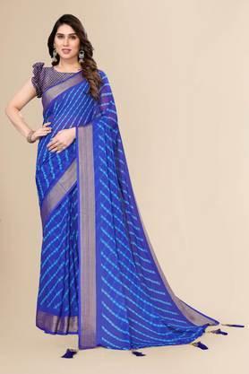 women's chiffon printed and embellished leheria sari with blouse piece - royal blue