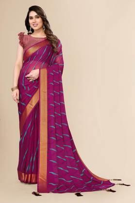 women's chiffon printed and embellished leheria sari with blouse piece - wine
