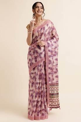 women's cotton blend digital print and embellished bollywood sari with blouse piece - lavender