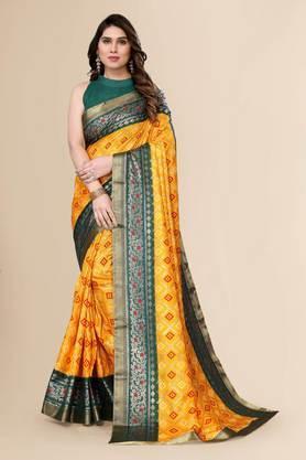women's cotton blend embellished bandhani sari with blouse piece - yellow