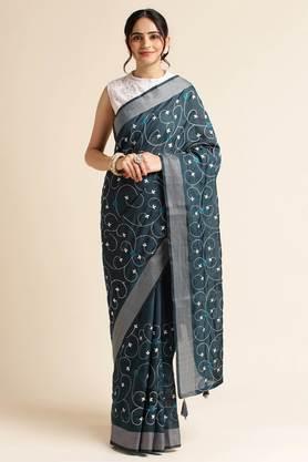 women's cotton silk embroidered bollywood sari with blouse piece - blue