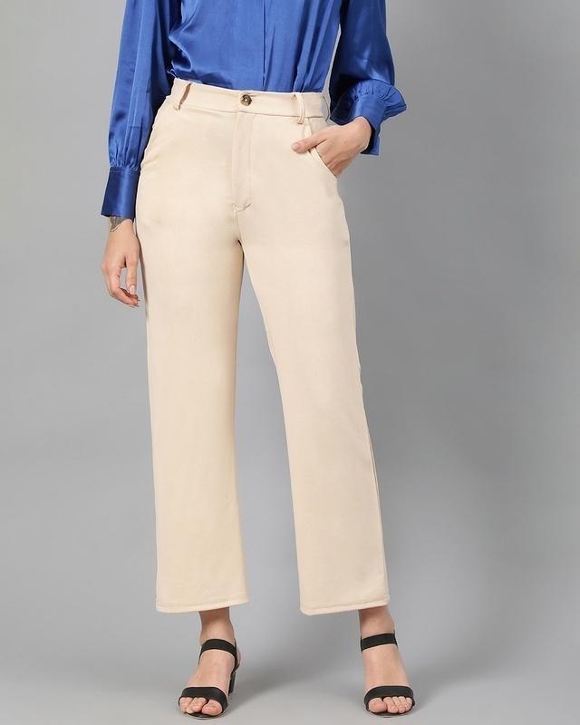 women's creamy beige straight fit trousers