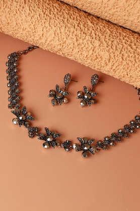 women's flower & hearts jewellery set - dark silver