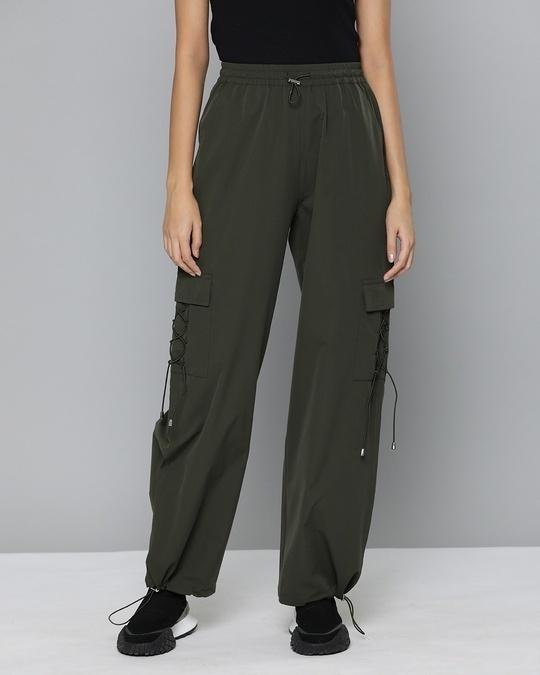 women's green loose comfort fit cargo parachute pants