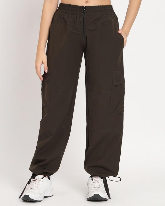 women's green tapered fit cargo parachute pants