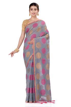 women's grey motif weave lightweight chanderi banarasi silk saree with blouse piece - grey