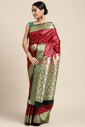 women's maroon banarasi katan silk saree with buti work with blouse piece - maroon