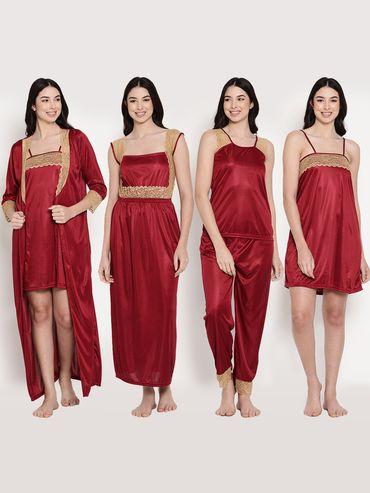women's maroon satin nighty with robe set (set of 5)