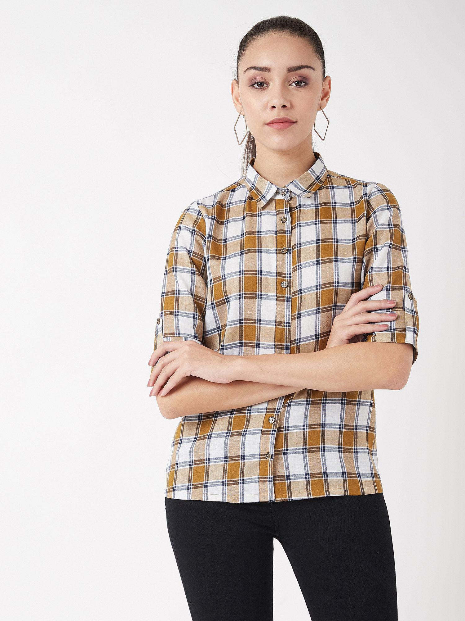 women's multicolor-base white collared neck 3/4 sleeves checkered basic shirt