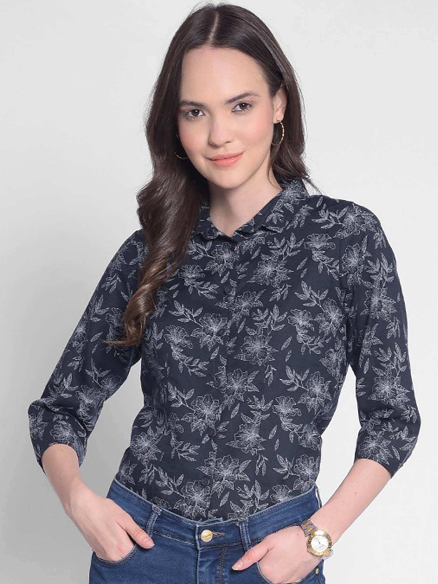 women's navy blue floral shirt